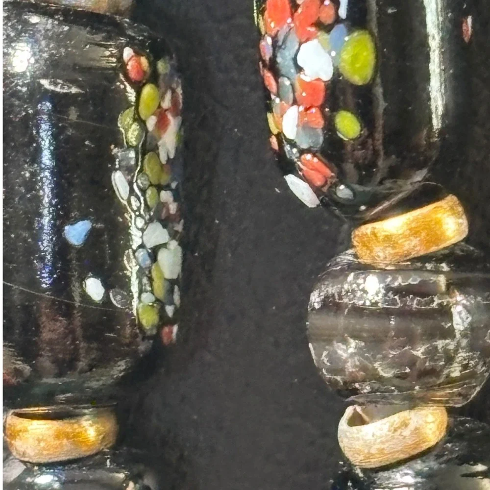 VTG Venetian or‎ Murano Black Glass Confetti Bead Necklace Multicolor